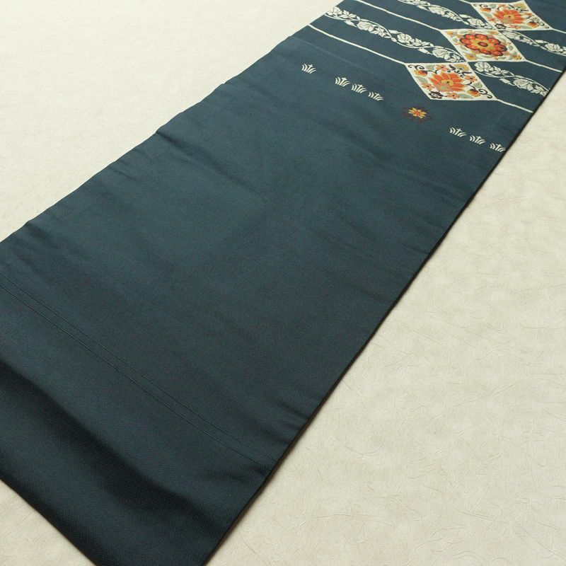 名古屋帯 太鼓柄 正絹 木の葉・植物柄 名古屋仕立て なごや帯 リサイクル帯 帯 モダン 青・紺_画像8
