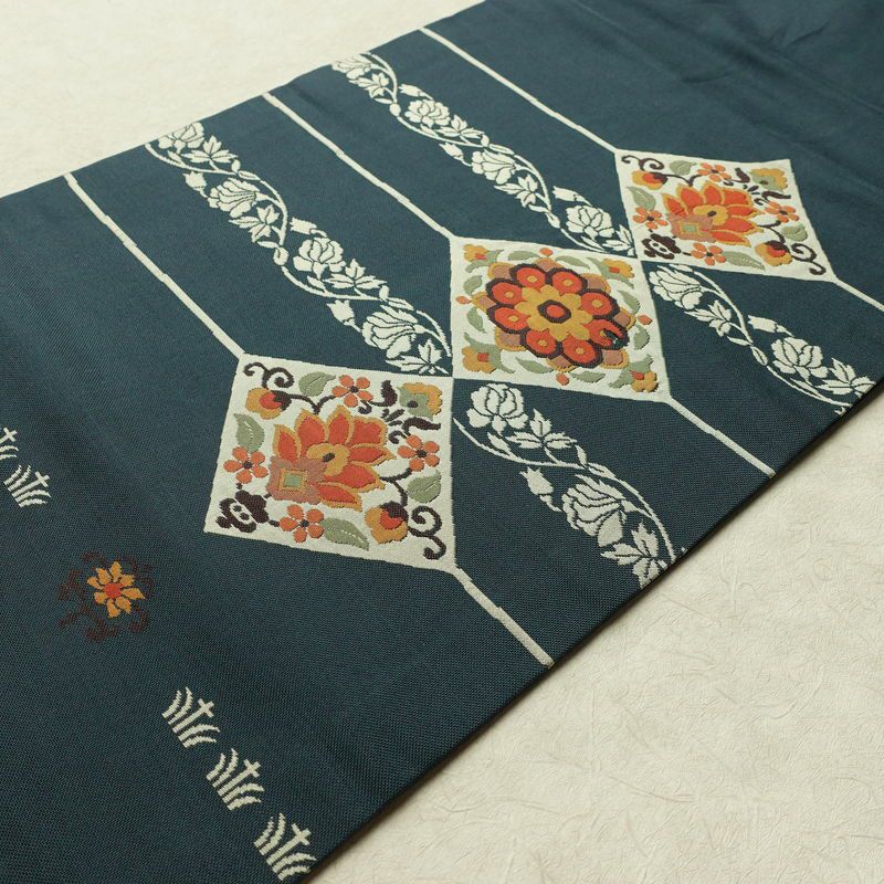 名古屋帯 太鼓柄 正絹 木の葉・植物柄 名古屋仕立て なごや帯 リサイクル帯 帯 モダン 青・紺_画像11