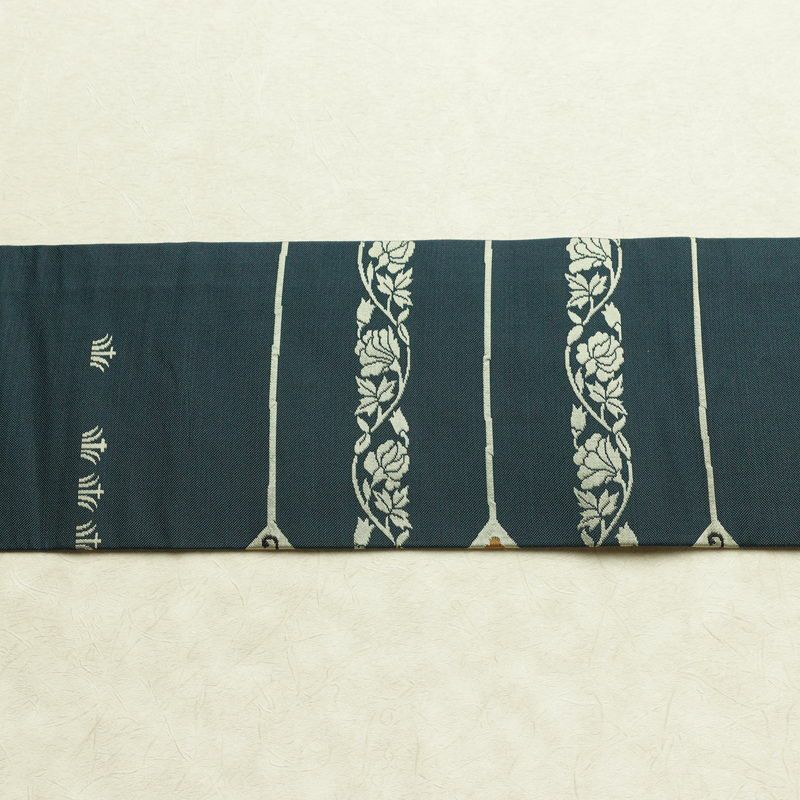 名古屋帯 太鼓柄 正絹 木の葉・植物柄 名古屋仕立て なごや帯 リサイクル帯 帯 モダン 青・紺_画像13