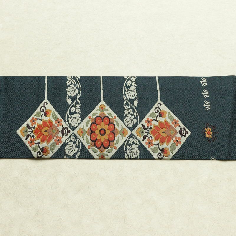 名古屋帯 太鼓柄 正絹 木の葉・植物柄 名古屋仕立て なごや帯 リサイクル帯 帯 モダン 青・紺_画像14