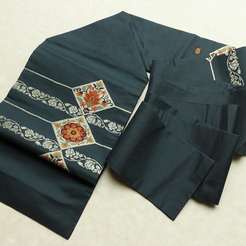 名古屋帯 太鼓柄 正絹 木の葉・植物柄 名古屋仕立て なごや帯 リサイクル帯 帯 モダン 青・紺_画像16