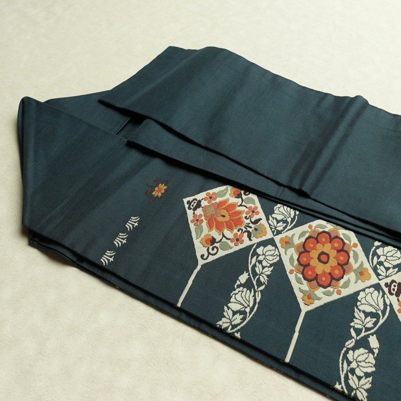 名古屋帯 太鼓柄 正絹 木の葉・植物柄 名古屋仕立て なごや帯 リサイクル帯 帯 モダン 青・紺_画像20