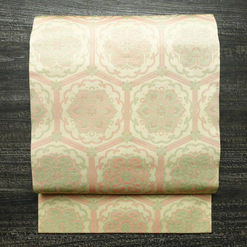 名古屋帯 六通柄 美品 正絹 亀甲柄 名古屋仕立て なごや帯 リサイクル帯 帯 未使用品 ベージュ_画像1