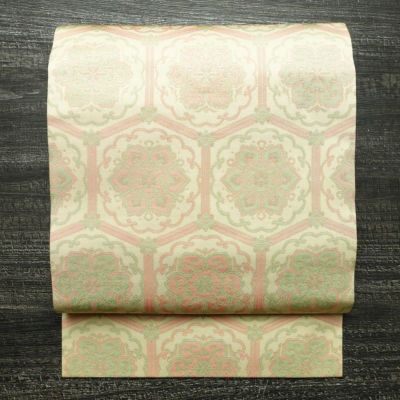 名古屋帯 六通柄 美品 正絹 亀甲柄 名古屋仕立て なごや帯 リサイクル帯 帯 未使用品 ベージュ