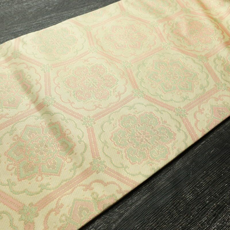 名古屋帯 六通柄 美品 正絹 亀甲柄 名古屋仕立て なごや帯 リサイクル帯 帯 未使用品 ベージュ_画像11