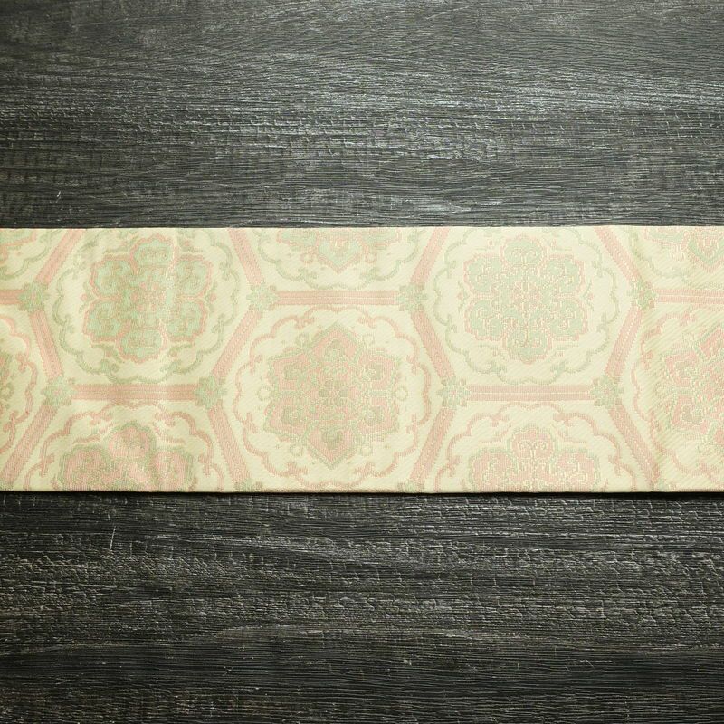 名古屋帯 六通柄 美品 正絹 亀甲柄 名古屋仕立て なごや帯 リサイクル帯 帯 未使用品 ベージュ_画像13