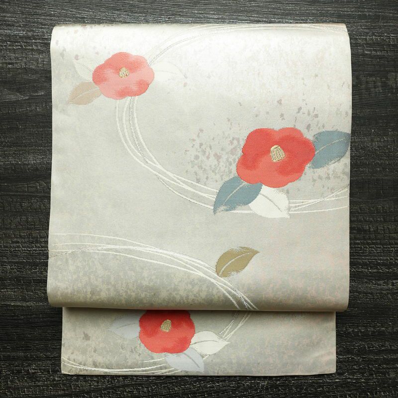 名古屋帯 六通柄 良品 正絹 花柄 名古屋仕立て なごや帯 リサイクル帯 帯 椿 箔 金糸 金・銀_画像1