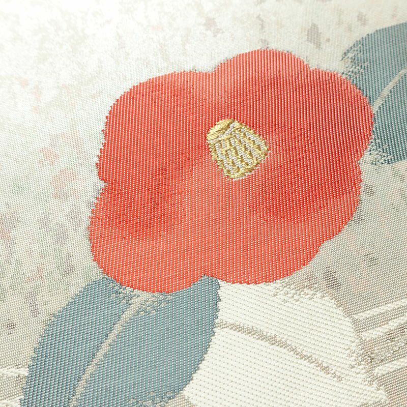 名古屋帯 六通柄 良品 正絹 花柄 名古屋仕立て なごや帯 リサイクル帯 帯 椿 箔 金糸 金・銀_画像3