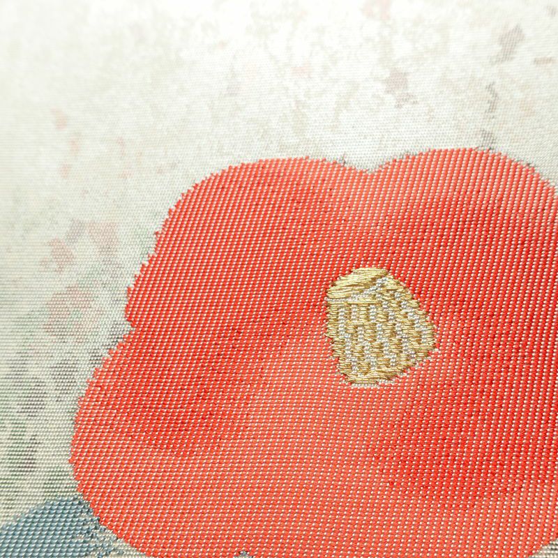 名古屋帯 六通柄 良品 正絹 花柄 名古屋仕立て なごや帯 リサイクル帯 帯 椿 箔 金糸 金・銀_画像4