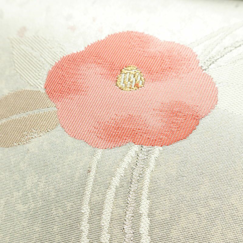 名古屋帯 六通柄 良品 正絹 花柄 名古屋仕立て なごや帯 リサイクル帯 帯 椿 箔 金糸 金・銀_画像5