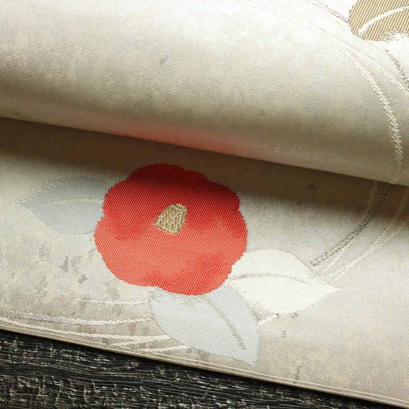 名古屋帯 六通柄 良品 正絹 花柄 名古屋仕立て なごや帯 リサイクル帯 帯 椿 箔 金糸 金・銀_画像7