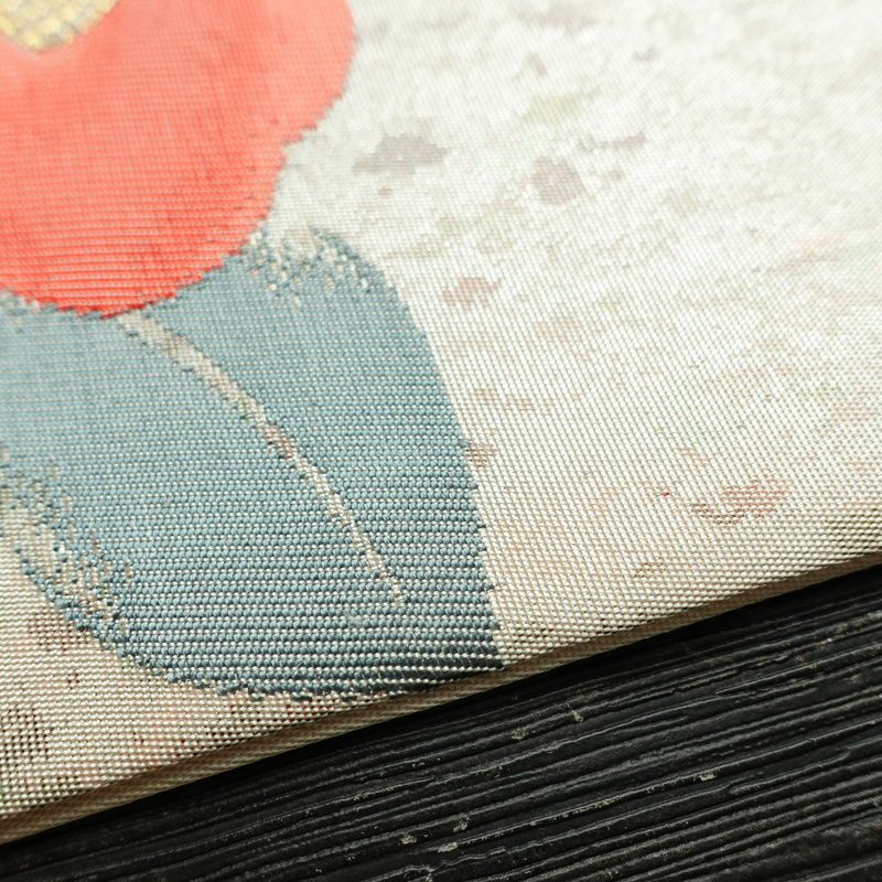 名古屋帯 六通柄 良品 正絹 花柄 名古屋仕立て なごや帯 リサイクル帯 帯 椿 箔 金糸 金・銀_画像11