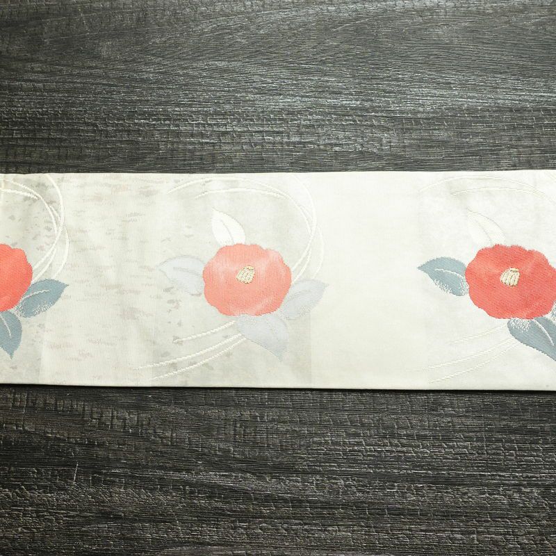 名古屋帯 六通柄 良品 正絹 花柄 名古屋仕立て なごや帯 リサイクル帯 帯 椿 箔 金糸 金・銀_画像12