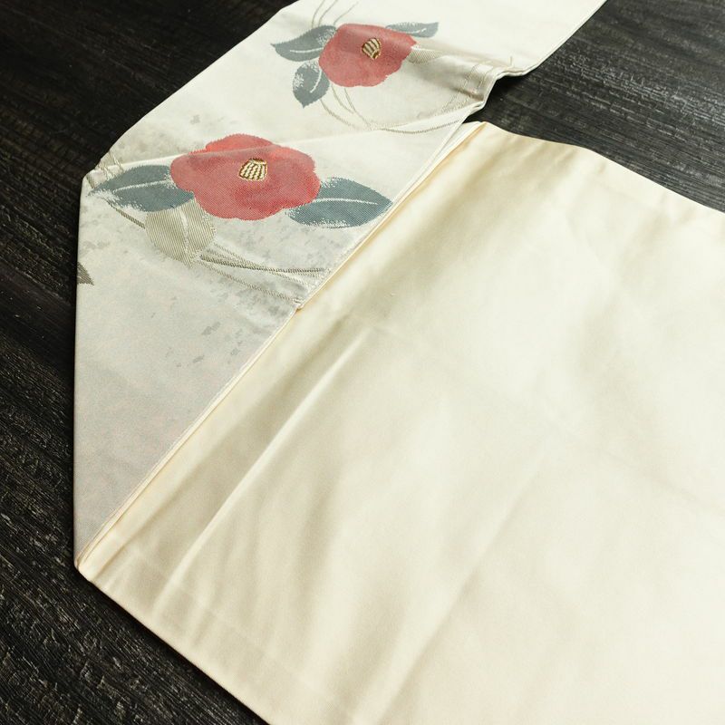 名古屋帯 六通柄 良品 正絹 花柄 名古屋仕立て なごや帯 リサイクル帯 帯 椿 箔 金糸 金・銀_画像19