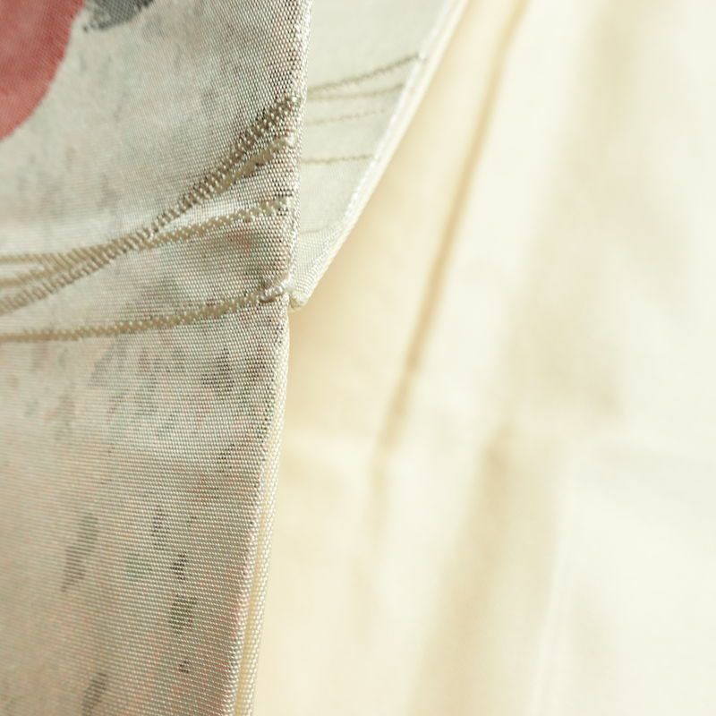 名古屋帯 六通柄 良品 正絹 花柄 名古屋仕立て なごや帯 リサイクル帯 帯 椿 箔 金糸 金・銀_画像20