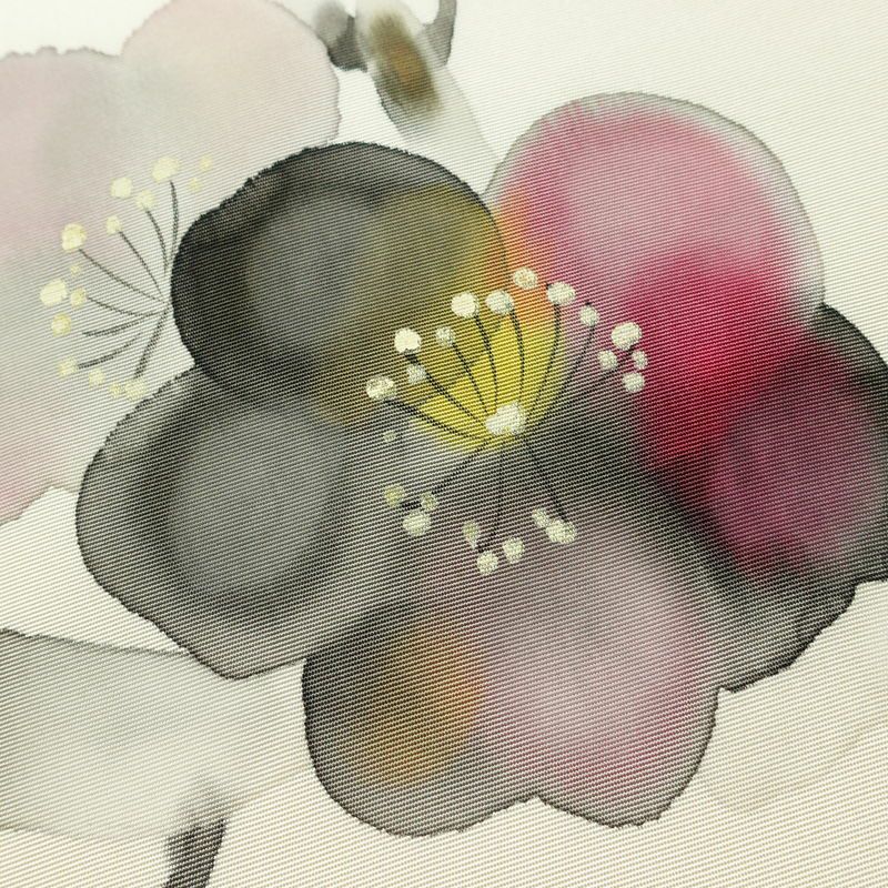 名古屋帯 太鼓柄 落款入り 正絹 花柄 通し仕立て なごや帯 リサイクル帯 帯 手描き 白_画像3