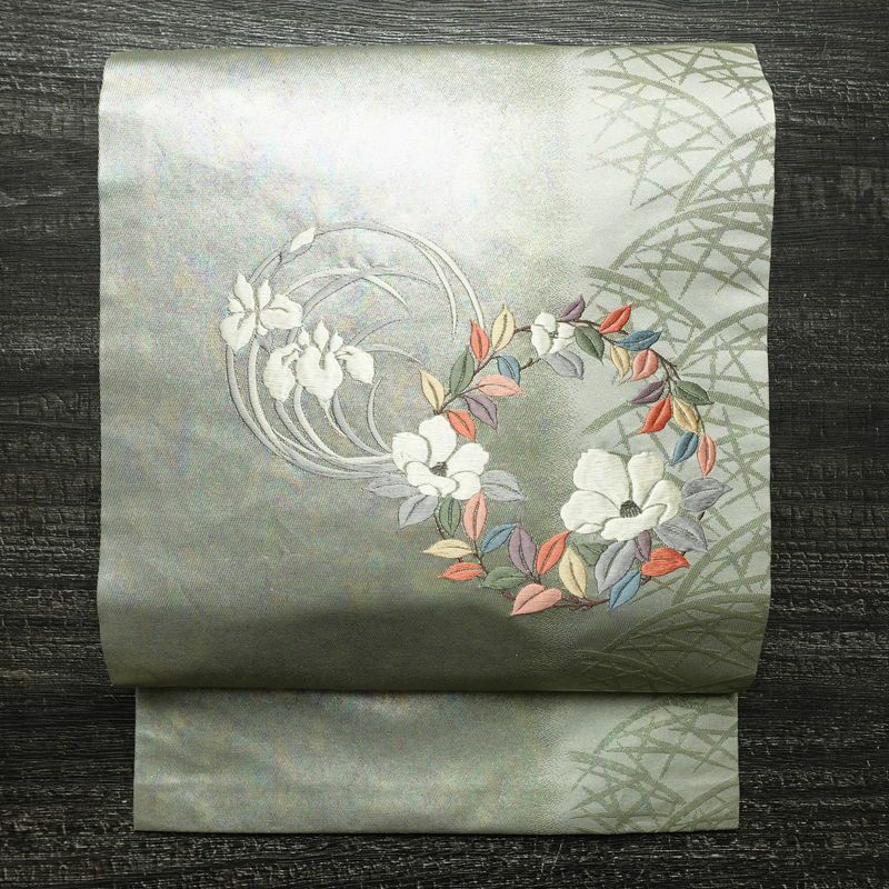 名古屋帯 太鼓柄 正絹 花柄 名古屋仕立て なごや帯 リサイクル帯 帯 椿 刺繍 箔 緑・うぐいす色_画像1