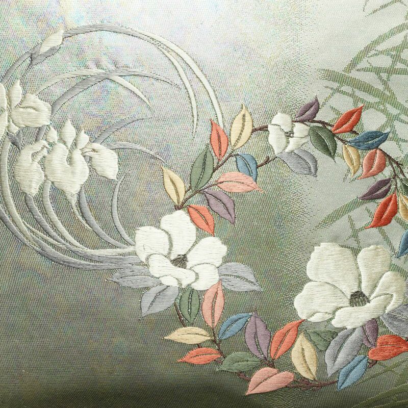 名古屋帯 太鼓柄 正絹 花柄 名古屋仕立て なごや帯 リサイクル帯 帯 椿 刺繍 箔 緑・うぐいす色_画像2