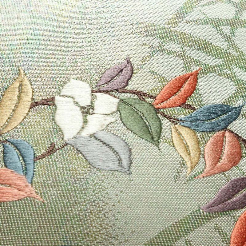 名古屋帯 太鼓柄 正絹 花柄 名古屋仕立て なごや帯 リサイクル帯 帯 椿 刺繍 箔 緑・うぐいす色_画像4
