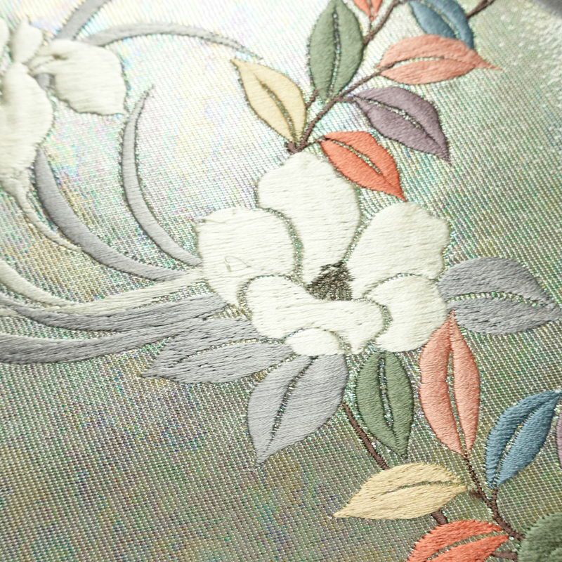 名古屋帯 太鼓柄 正絹 花柄 名古屋仕立て なごや帯 リサイクル帯 帯 椿 刺繍 箔 緑・うぐいす色_画像5