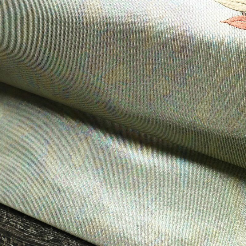 名古屋帯 太鼓柄 正絹 花柄 名古屋仕立て なごや帯 リサイクル帯 帯 椿 刺繍 箔 緑・うぐいす色_画像7