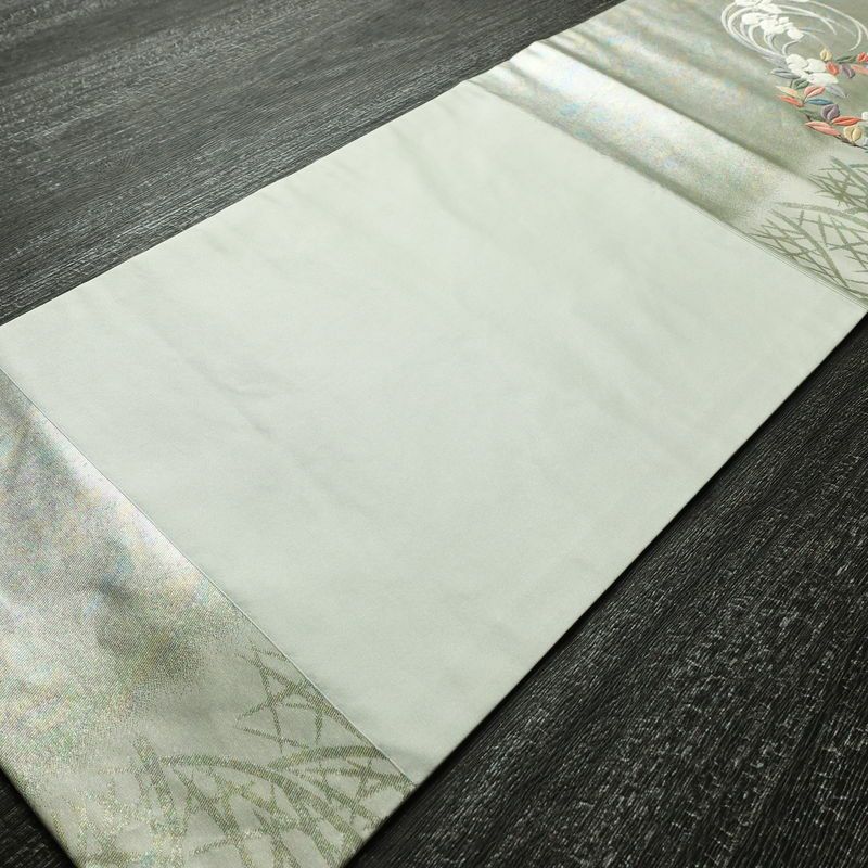 名古屋帯 太鼓柄 正絹 花柄 名古屋仕立て なごや帯 リサイクル帯 帯 椿 刺繍 箔 緑・うぐいす色_画像8