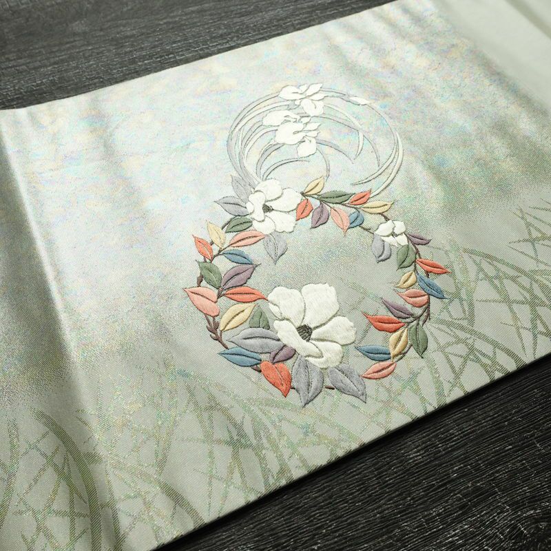名古屋帯 太鼓柄 正絹 花柄 名古屋仕立て なごや帯 リサイクル帯 帯 椿 刺繍 箔 緑・うぐいす色_画像11