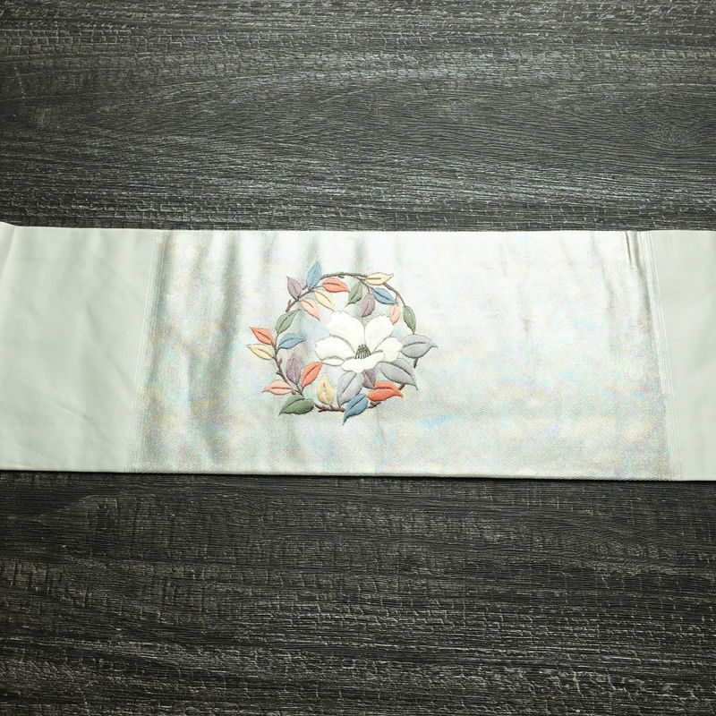 名古屋帯 太鼓柄 正絹 花柄 名古屋仕立て なごや帯 リサイクル帯 帯 椿 刺繍 箔 緑・うぐいす色_画像13