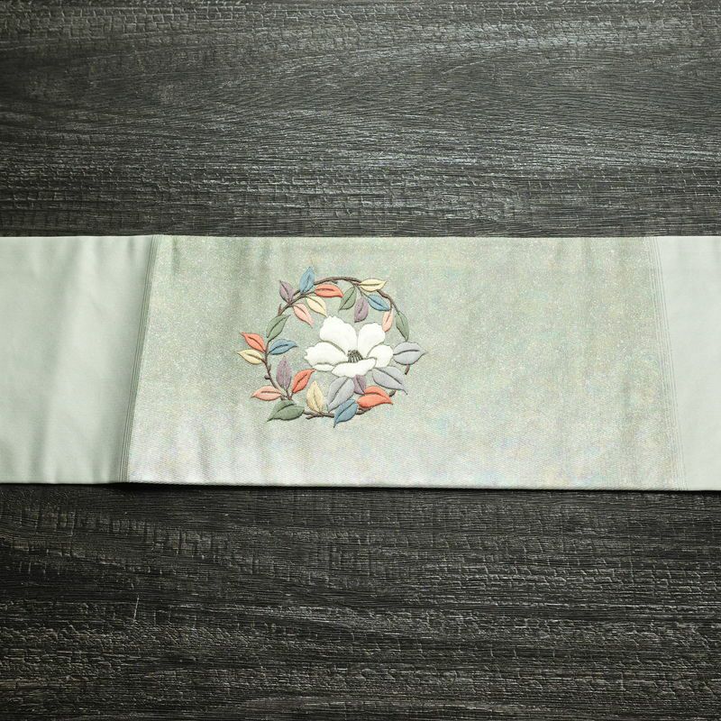 名古屋帯 太鼓柄 正絹 花柄 名古屋仕立て なごや帯 リサイクル帯 帯 椿 刺繍 箔 緑・うぐいす色_画像14