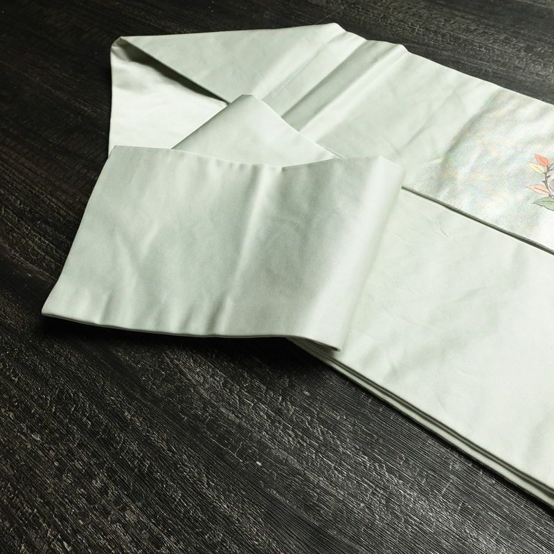 名古屋帯 太鼓柄 正絹 花柄 名古屋仕立て なごや帯 リサイクル帯 帯 椿 刺繍 箔 緑・うぐいす色_画像21