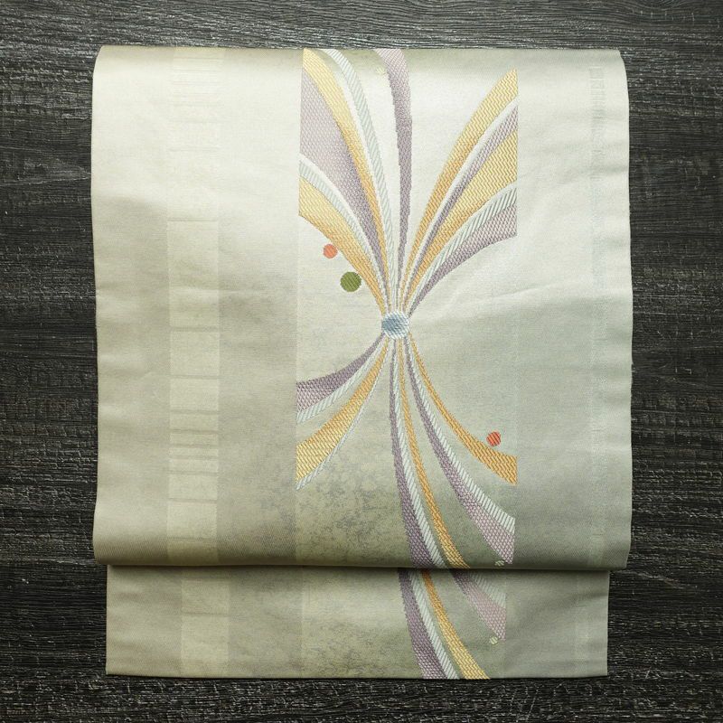 名古屋帯 太鼓柄 落款入り 正絹 古典柄 名古屋仕立て なごや帯 リサイクル帯 帯 グレー_画像1