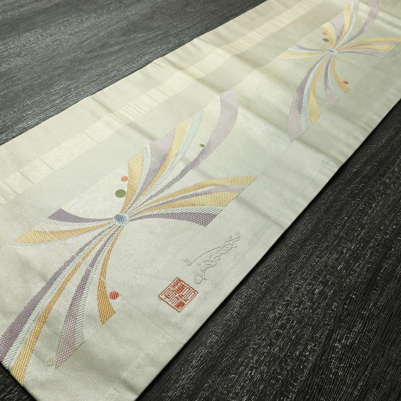 名古屋帯 太鼓柄 落款入り 正絹 古典柄 名古屋仕立て なごや帯 リサイクル帯 帯 グレー_画像8