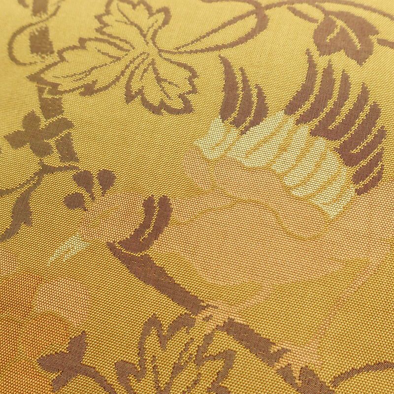 名古屋帯 全通柄 正絹 美保姿 木の葉・植物柄 通し仕立て なごや帯 リサイクル帯 帯 黄・黄土色_画像3