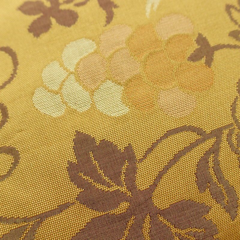 名古屋帯 全通柄 正絹 美保姿 木の葉・植物柄 通し仕立て なごや帯 リサイクル帯 帯 黄・黄土色_画像7