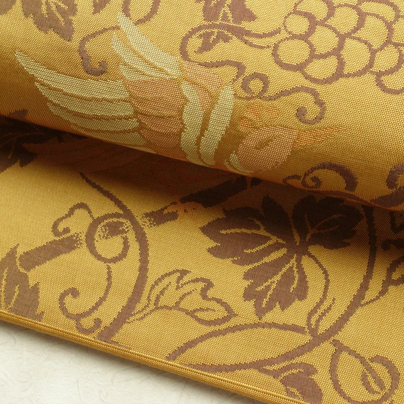 名古屋帯 全通柄 正絹 美保姿 木の葉・植物柄 通し仕立て なごや帯 リサイクル帯 帯 黄・黄土色_画像8