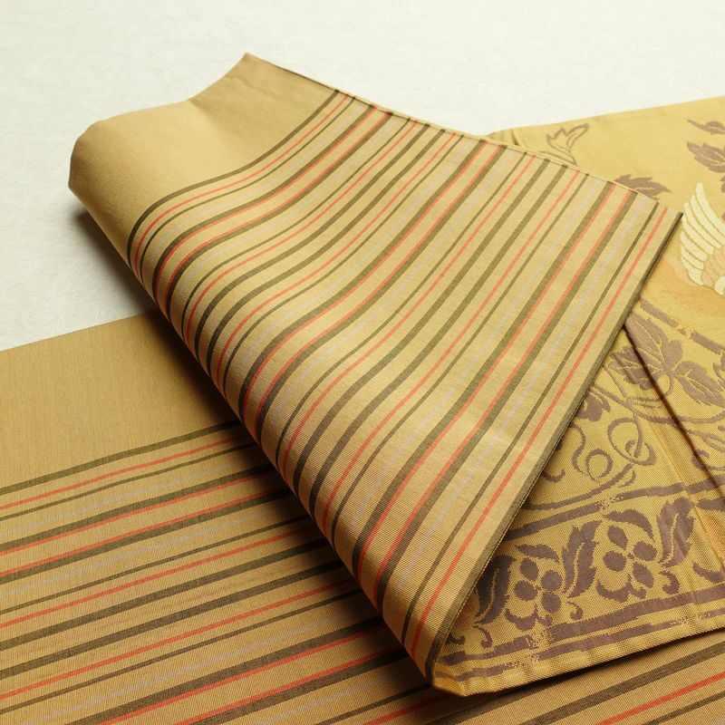 名古屋帯 全通柄 正絹 美保姿 木の葉・植物柄 通し仕立て なごや帯 リサイクル帯 帯 黄・黄土色_画像10