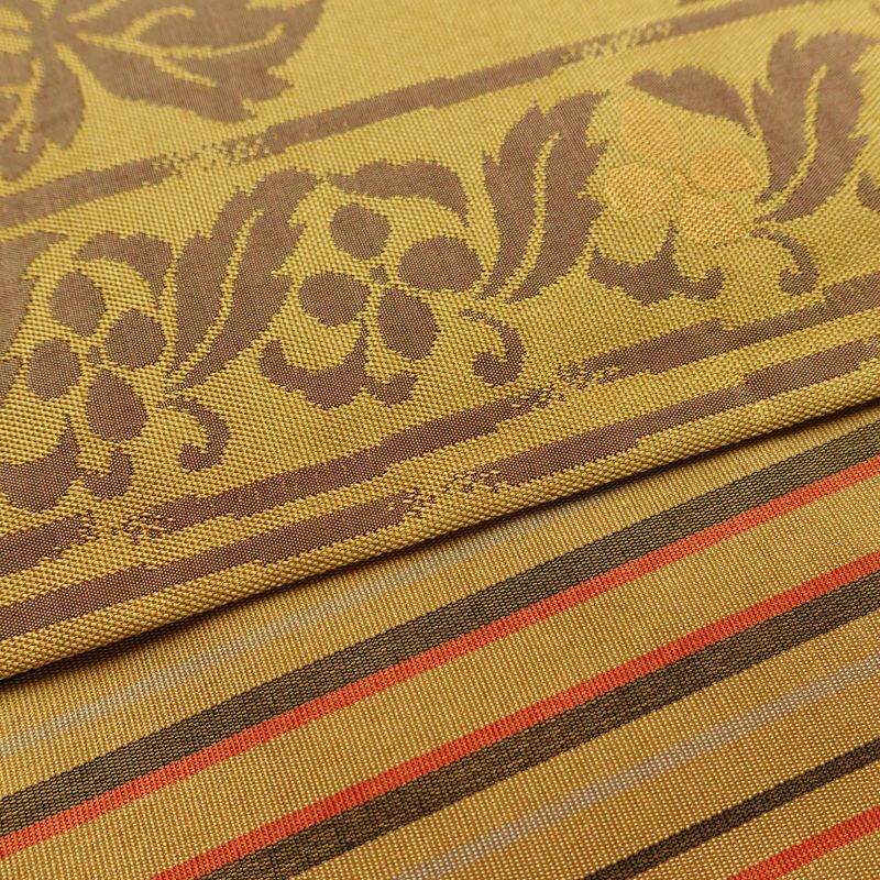 名古屋帯 全通柄 正絹 美保姿 木の葉・植物柄 通し仕立て なごや帯 リサイクル帯 帯 黄・黄土色_画像13