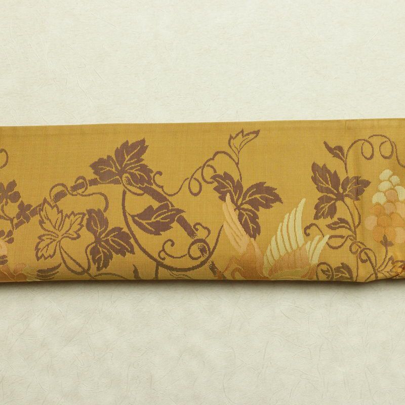 名古屋帯 全通柄 正絹 美保姿 木の葉・植物柄 通し仕立て なごや帯 リサイクル帯 帯 黄・黄土色_画像15