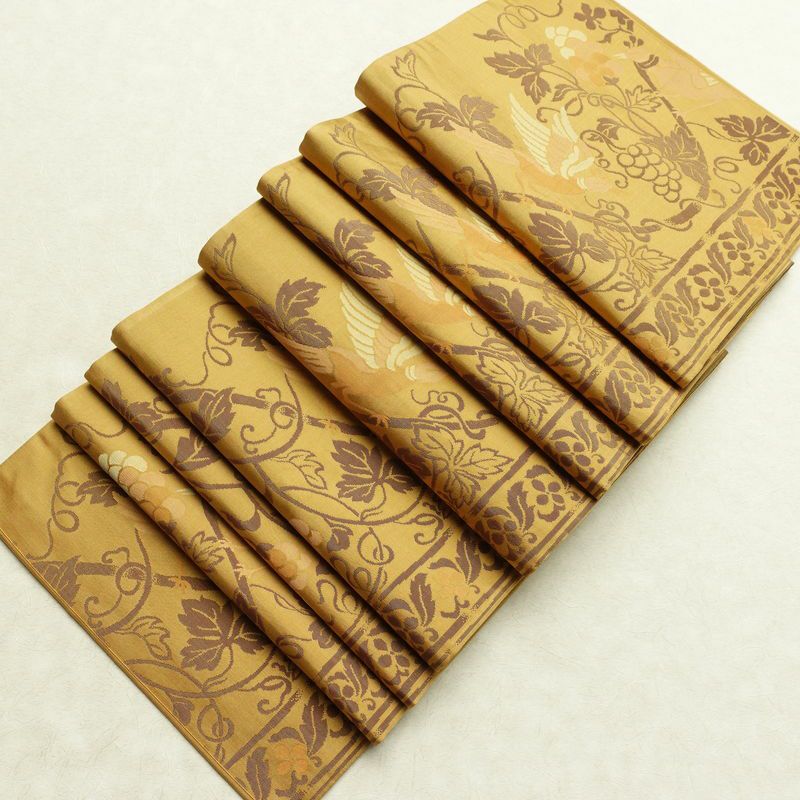 名古屋帯 全通柄 正絹 美保姿 木の葉・植物柄 通し仕立て なごや帯 リサイクル帯 帯 黄・黄土色_画像18