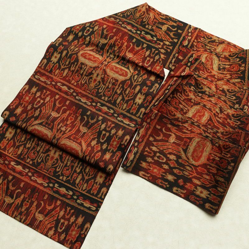 名古屋帯 全通柄 良品 正絹 幾何学柄・抽象柄 名古屋仕立て なごや帯 リサイクル帯 帯 赤・朱_画像16