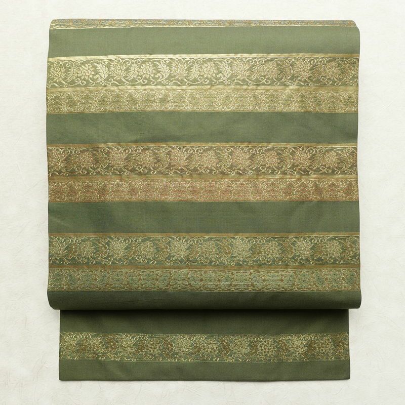 名古屋帯 六通柄 良品 正絹 縞柄・線柄 名古屋仕立て なごや帯 リサイクル帯 帯 箔 モダン 緑・うぐいす色_画像1