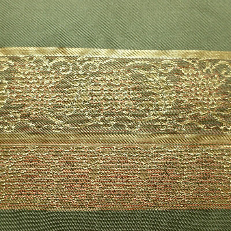 名古屋帯 六通柄 良品 正絹 縞柄・線柄 名古屋仕立て なごや帯 リサイクル帯 帯 箔 モダン 緑・うぐいす色_画像4