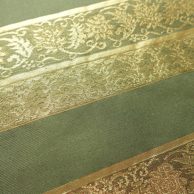 名古屋帯 六通柄 良品 正絹 縞柄・線柄 名古屋仕立て なごや帯 リサイクル帯 帯 箔 モダン 緑・うぐいす色_画像5