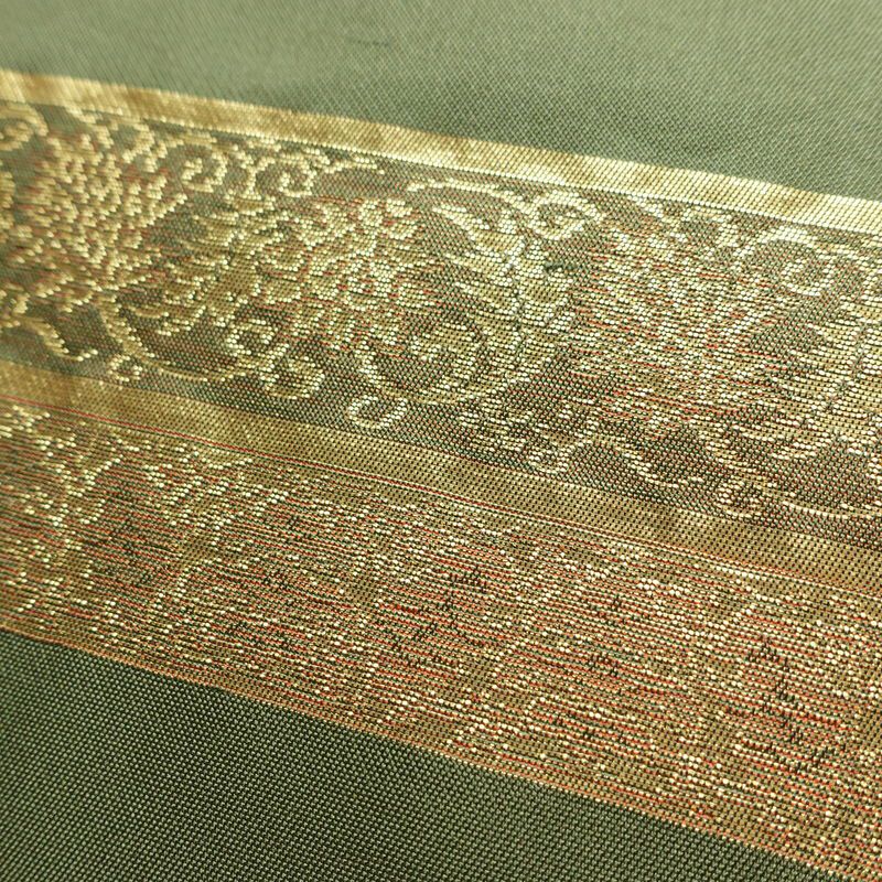 名古屋帯 六通柄 良品 正絹 縞柄・線柄 名古屋仕立て なごや帯 リサイクル帯 帯 箔 モダン 緑・うぐいす色_画像6
