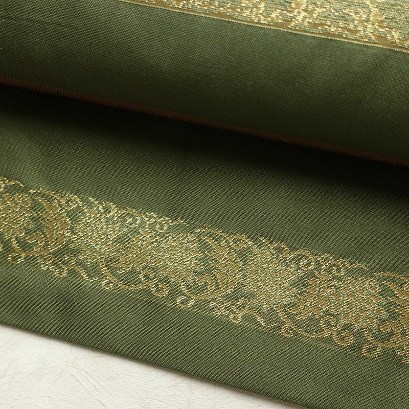 名古屋帯 六通柄 良品 正絹 縞柄・線柄 名古屋仕立て なごや帯 リサイクル帯 帯 箔 モダン 緑・うぐいす色_画像7