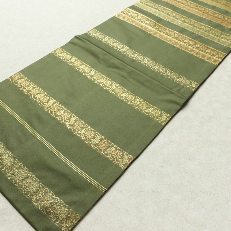 名古屋帯 六通柄 良品 正絹 縞柄・線柄 名古屋仕立て なごや帯 リサイクル帯 帯 箔 モダン 緑・うぐいす色_画像8