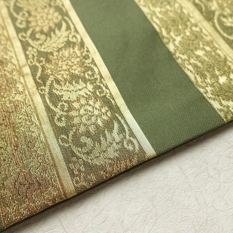 名古屋帯 六通柄 良品 正絹 縞柄・線柄 名古屋仕立て なごや帯 リサイクル帯 帯 箔 モダン 緑・うぐいす色_画像12