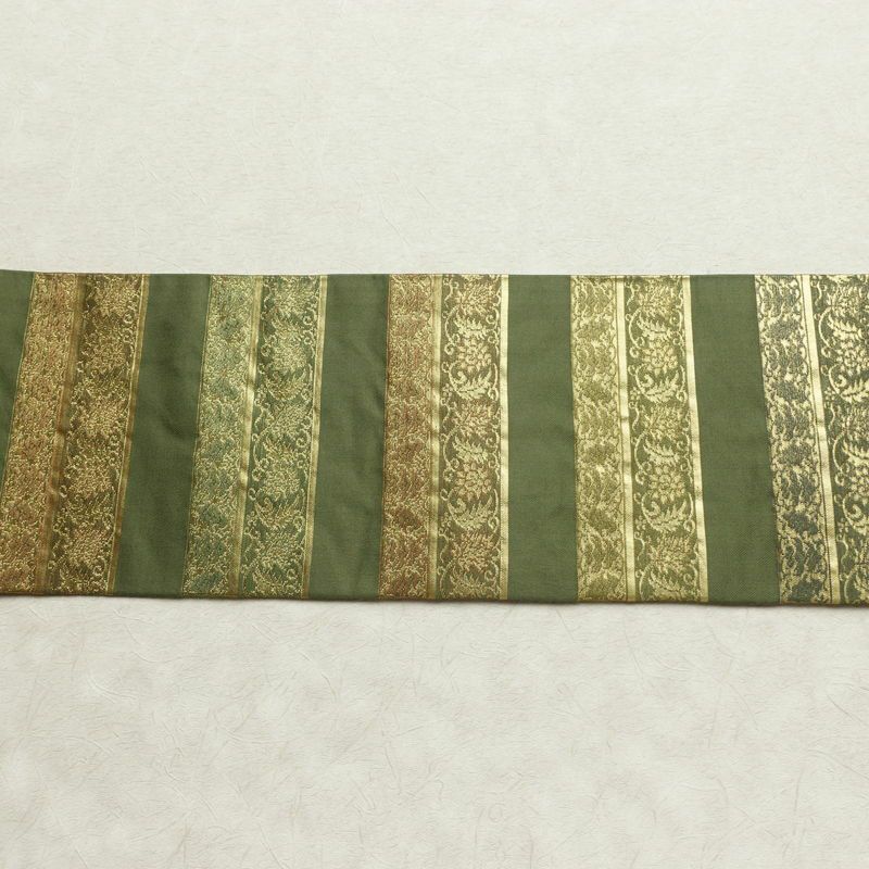 名古屋帯 六通柄 良品 正絹 縞柄・線柄 名古屋仕立て なごや帯 リサイクル帯 帯 箔 モダン 緑・うぐいす色_画像13