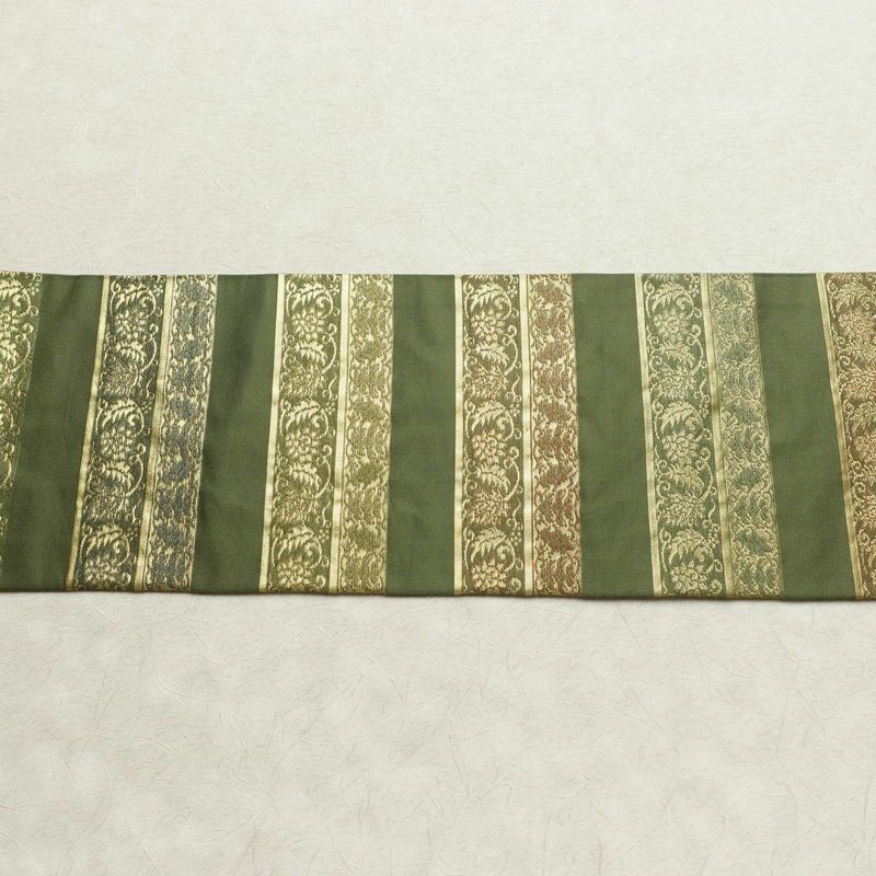 名古屋帯 六通柄 良品 正絹 縞柄・線柄 名古屋仕立て なごや帯 リサイクル帯 帯 箔 モダン 緑・うぐいす色_画像14