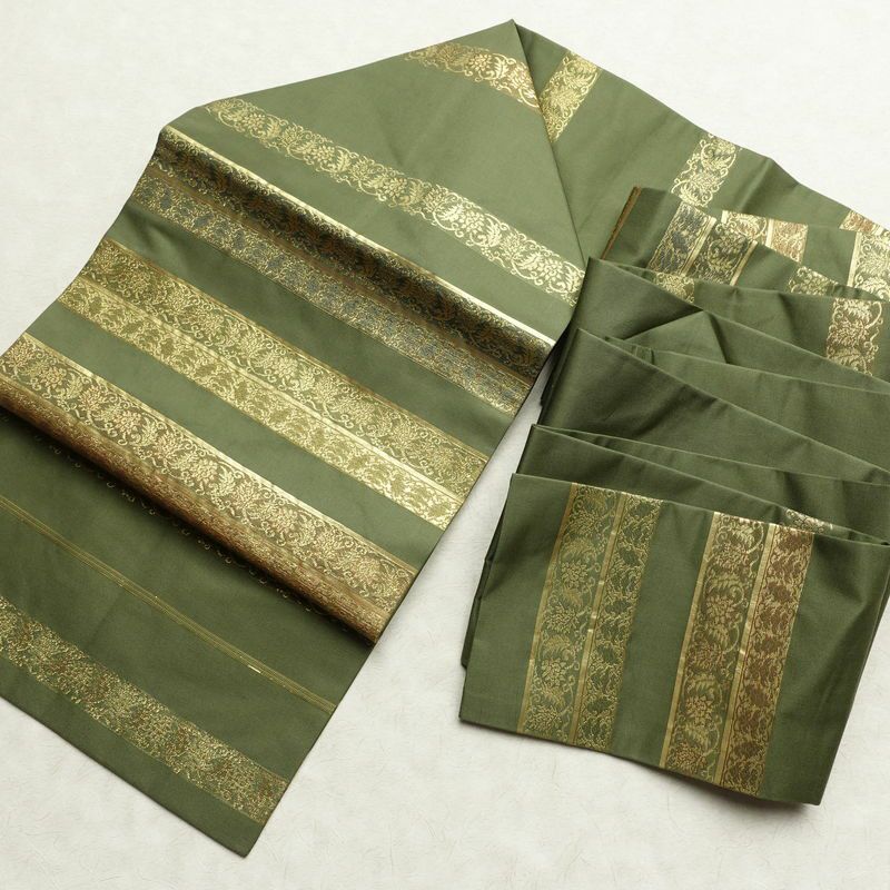 名古屋帯 六通柄 良品 正絹 縞柄・線柄 名古屋仕立て なごや帯 リサイクル帯 帯 箔 モダン 緑・うぐいす色_画像16